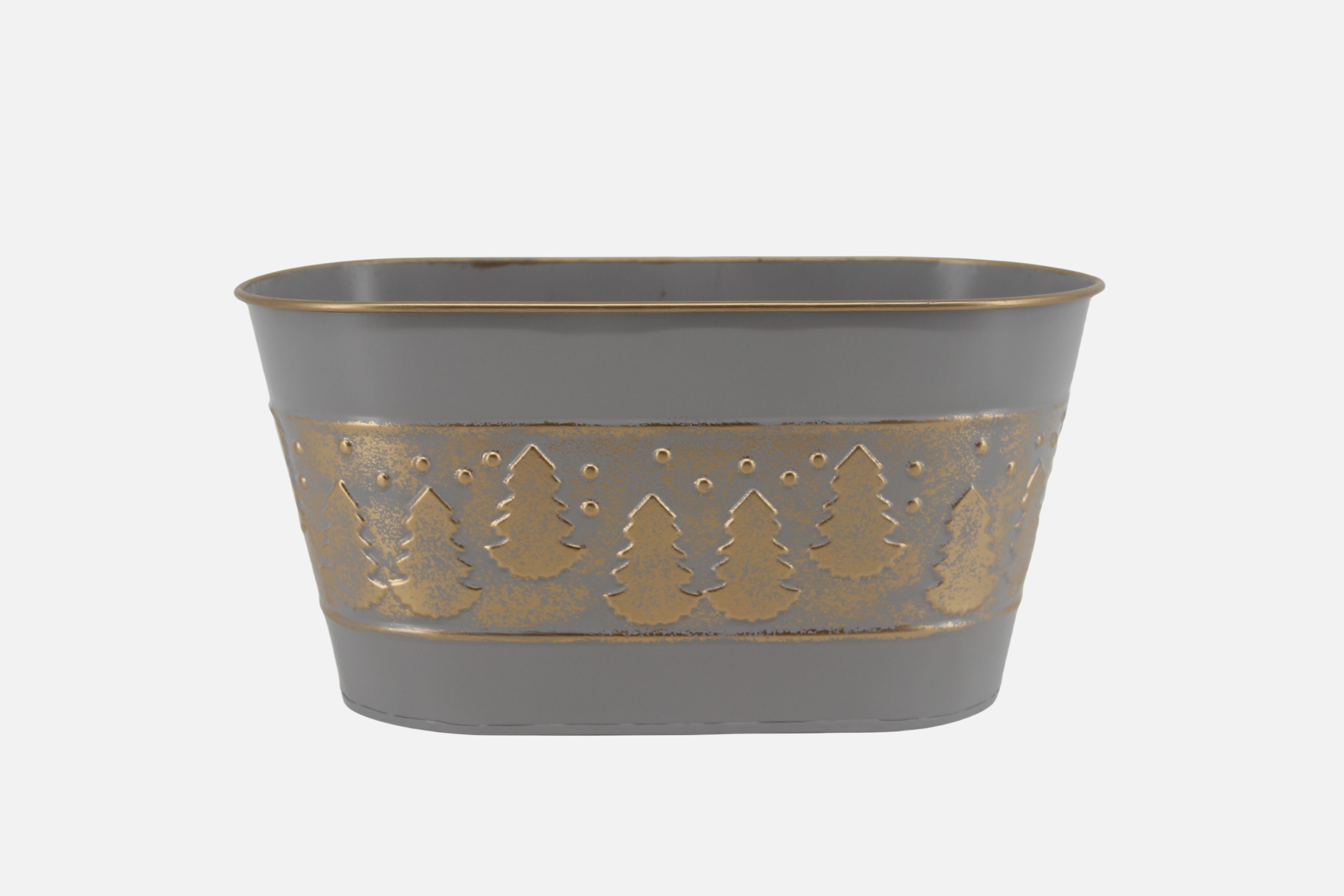 Oval Grey Metal Basket w/Christmas Tree